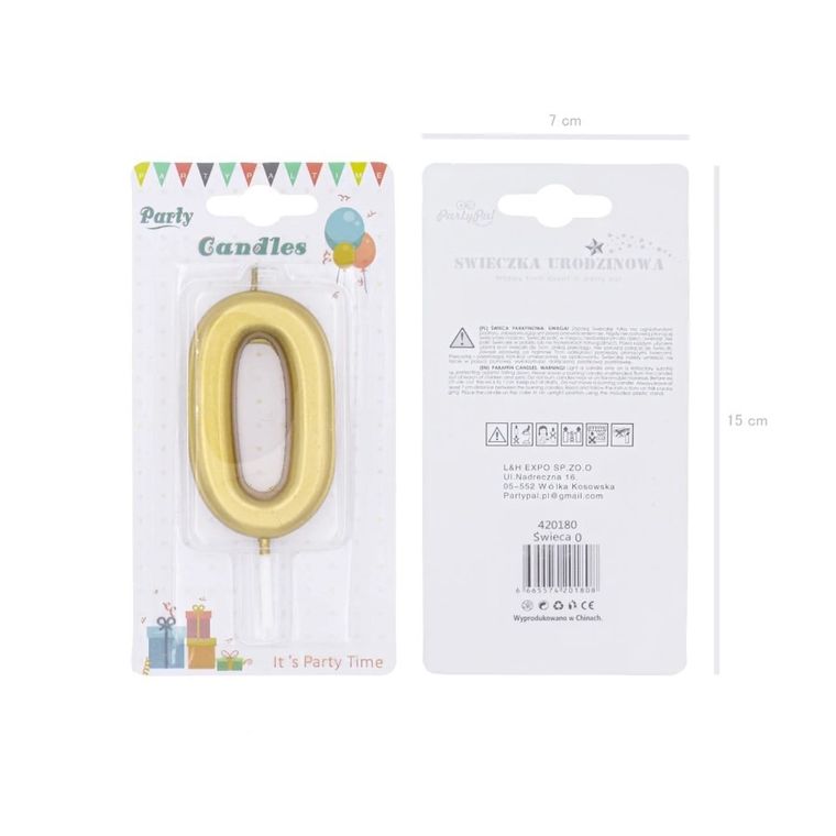 Świeczka urodzinowa, cyfra 0, złota, 7 cm