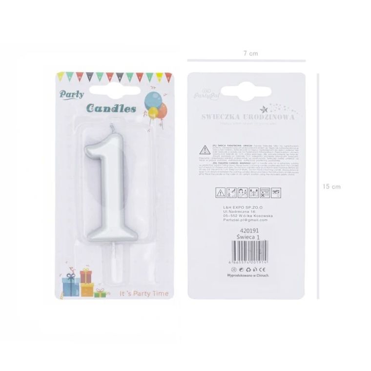 Świeczka urodzinowa, cyfra 1, srebrna, 7 cm