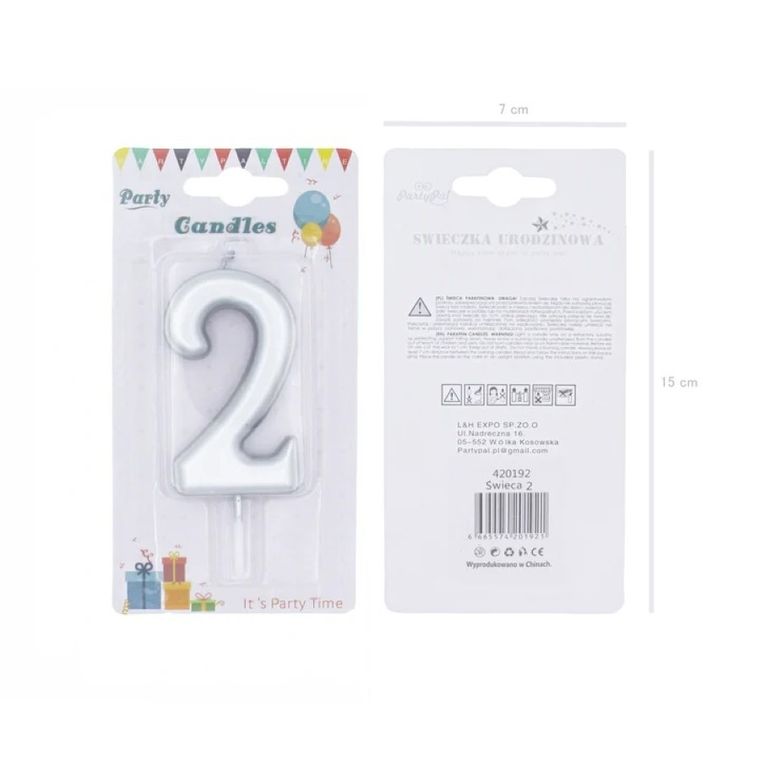 Świeczka urodzinowa, cyfra 2, srebrna, 7 cm