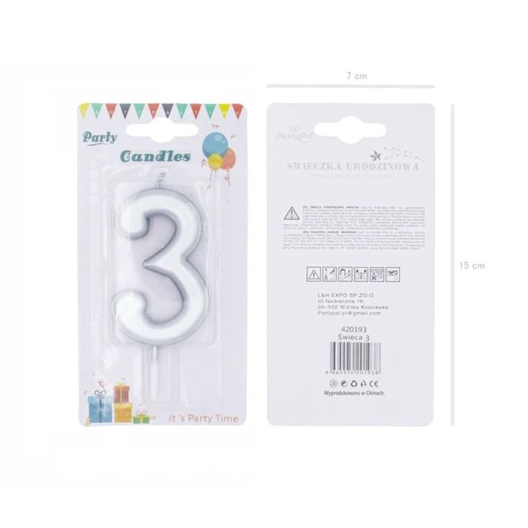 Świeczka urodzinowa, cyfra 3, srebrna, 7 cm