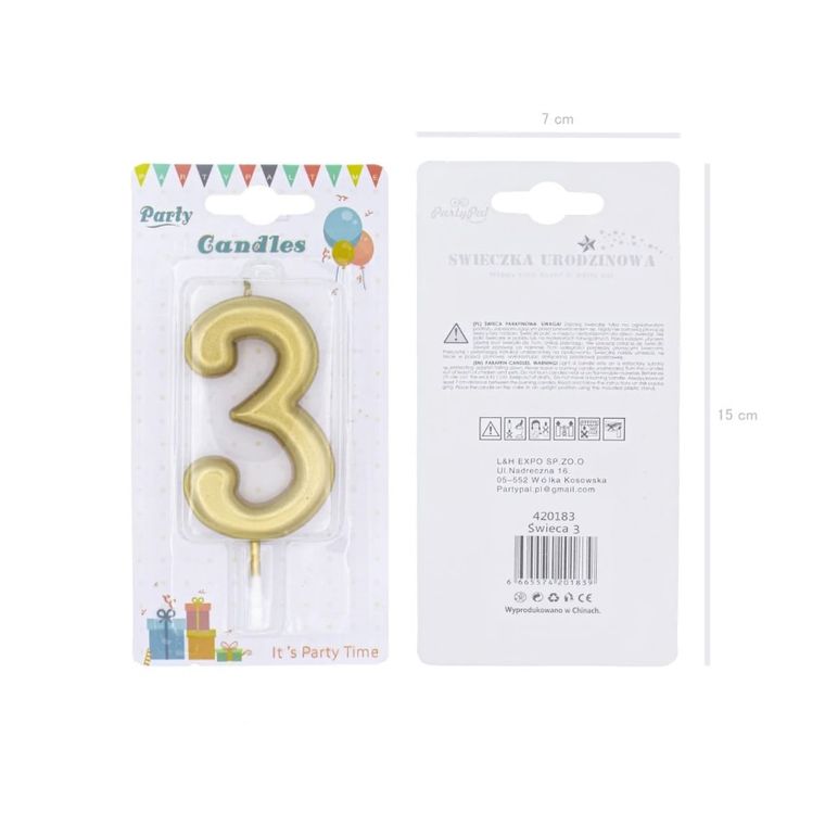 Świeczka urodzinowa, cyfra 3, złota, 7 cm