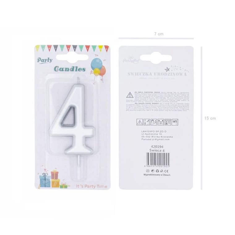 Świeczka urodzinowa, cyfra 4, srebrna, 7 cm
