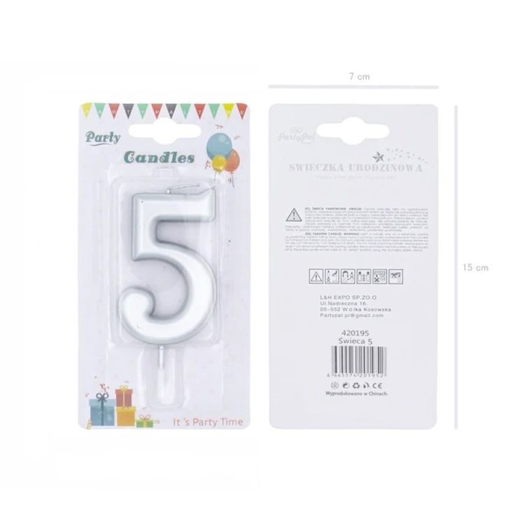 Świeczka urodzinowa, cyfra 5, srebrna, 7 cm