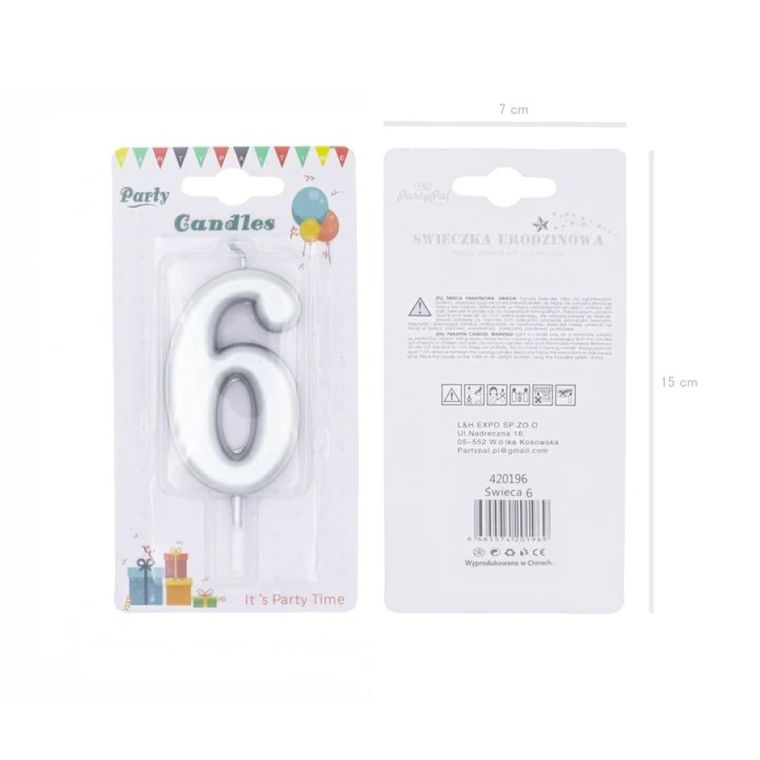 Świeczka urodzinowa, cyfra 6, srebrna, 7 cm