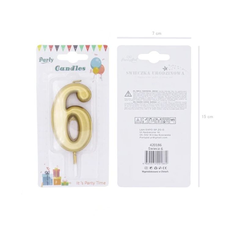Świeczka urodzinowa, cyfra 6, złota, 7 cm