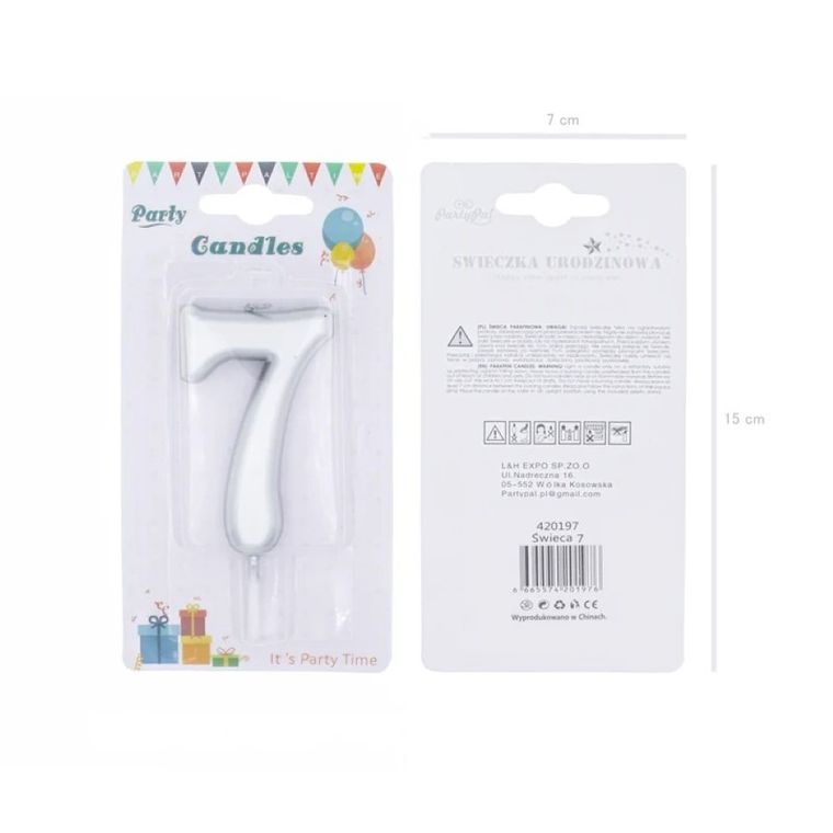 Świeczka urodzinowa, cyfra 7, srebrna, 7 cm