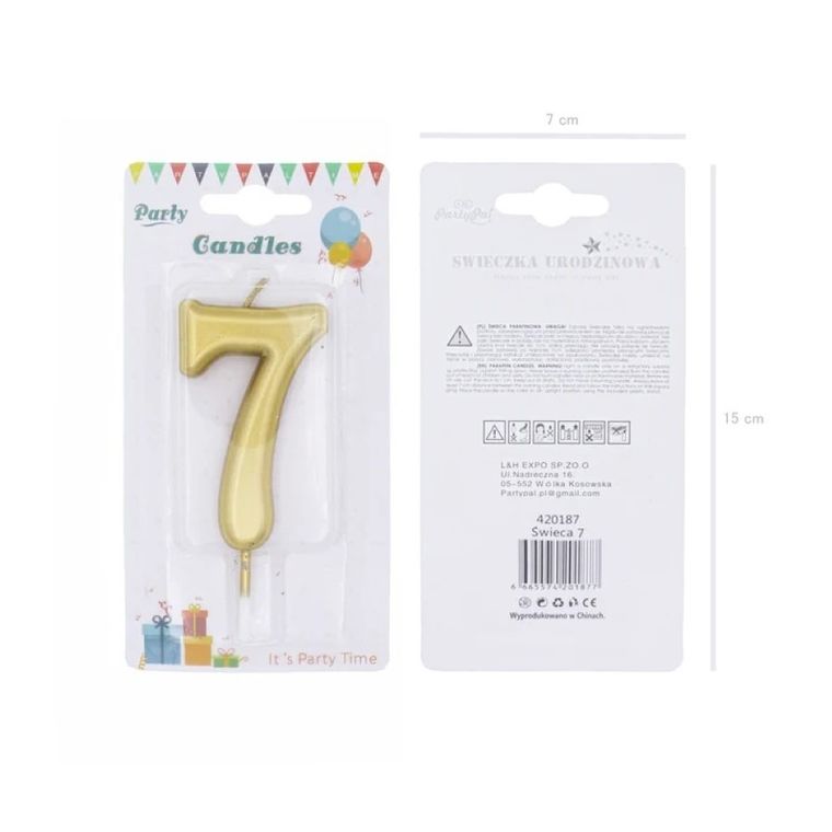 Świeczka urodzinowa, cyfra 7, złota, 7 cm
