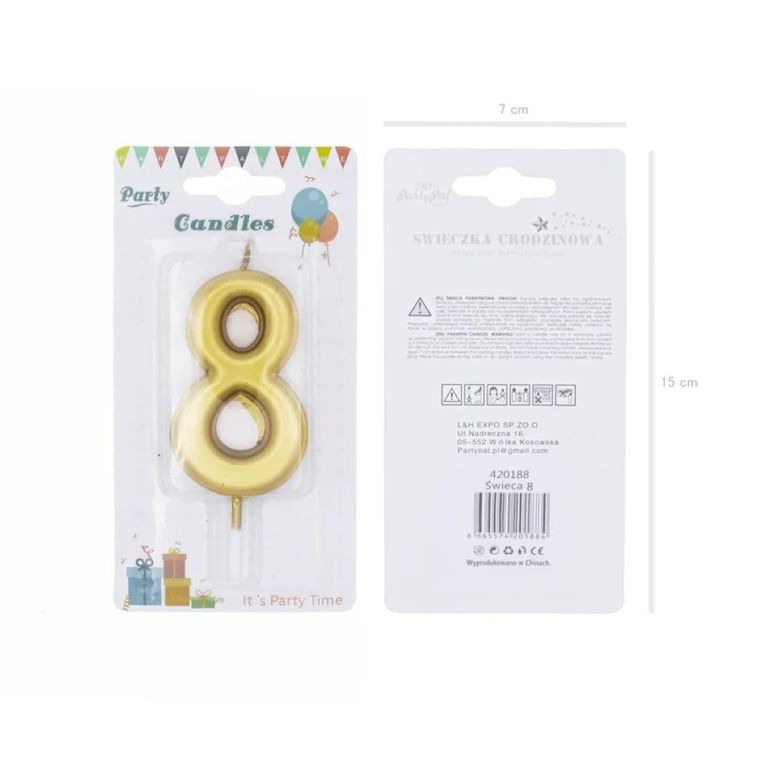 Świeczka urodzinowa, cyfra 8, złota, 7 cm