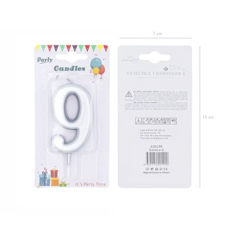 Świeczka urodzinowa, cyfra 9, srebrna, 7 cm