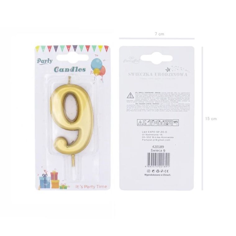 Świeczka urodzinowa, cyfra 9, złota, 7 cm
