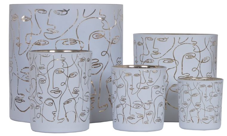 Świecznik szklany w twarze, biały, 15-15-15 cm