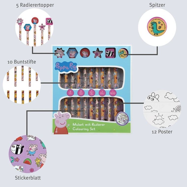 Świnka Peppa, zestaw do kolorowania z naklejkami, 29 elementów