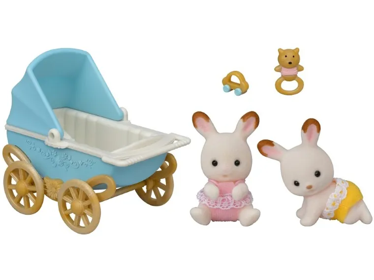 Sylvanian Families, bliźniaki królików z czekoladowymi uszkami, wózek, akcesoria, zestaw, 5432