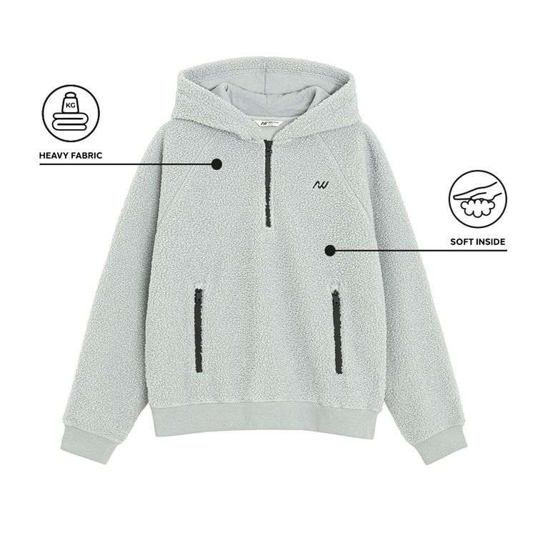 Szara bluza sherpa z kapturem oversize NOWEAR