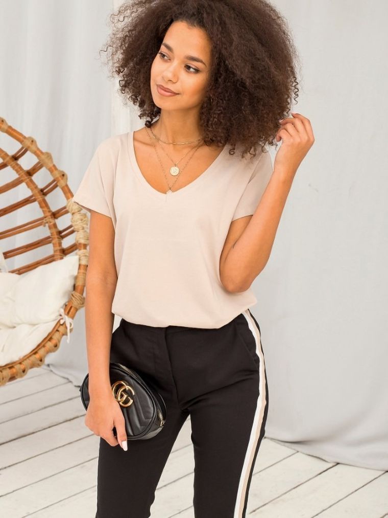 T-shirt damski, beżowy, Basic Feel Good