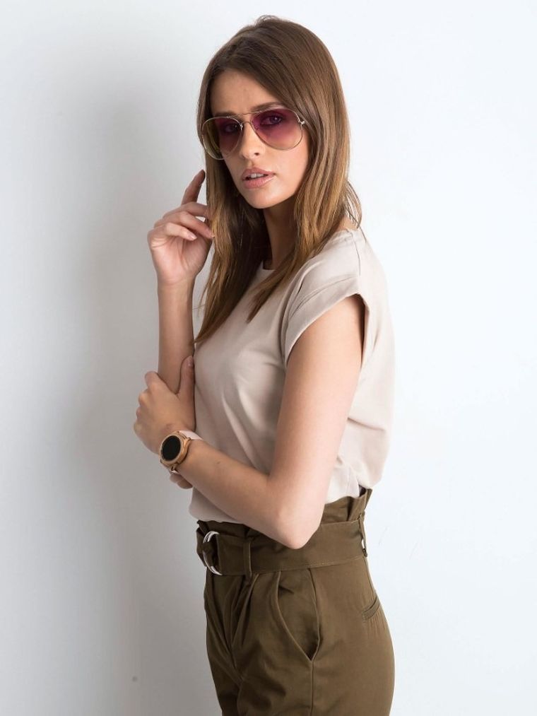 T-shirt damski, beżowy, Basic Feel Good