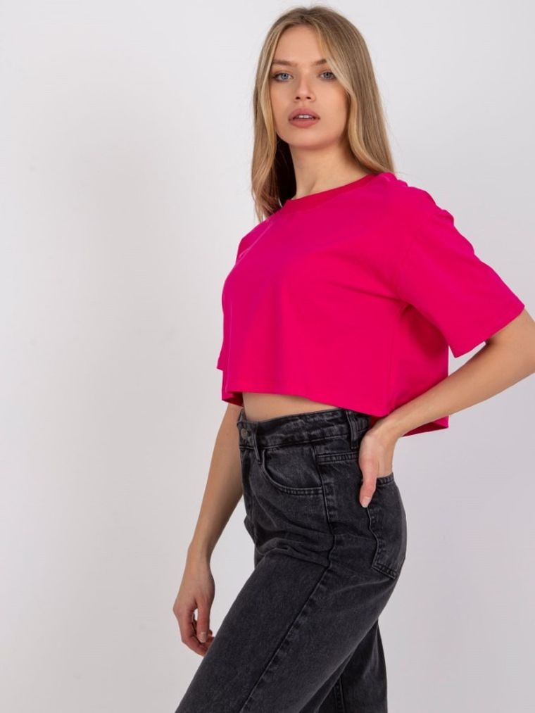 T-shirt damski, crop top, różowy, Basic Feel Good