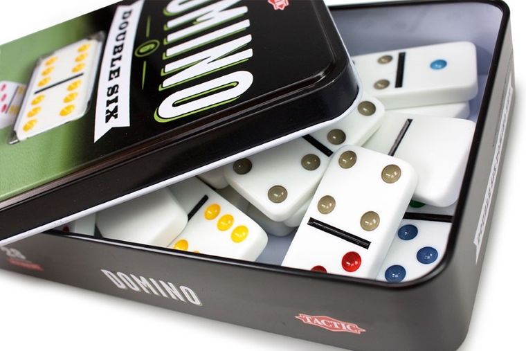 Tactic, Domino Deluxe, klasyczne, szóstkowe, gra logiczna w metalowej puszce