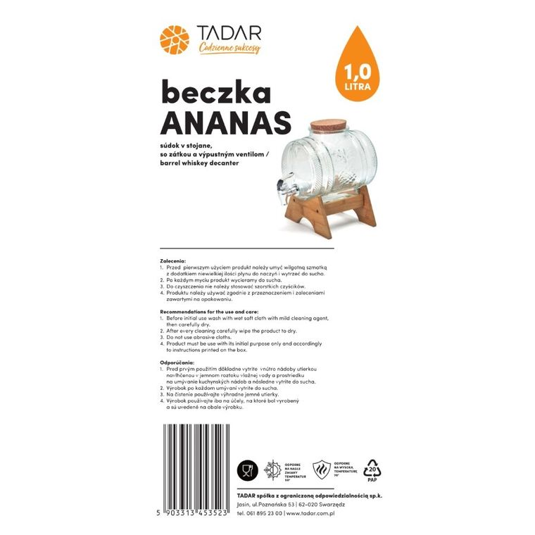 Tadar, beczka ananas na stojaku, z korkiem i kranikiem 1l