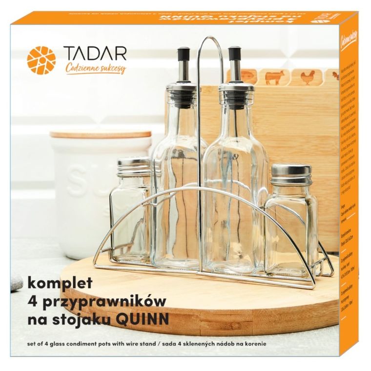 Tadar, komplet 4 przyprawników Quinn: sól i pieprz, 90ml, ocet i oliwa, 185 ml na stojaku