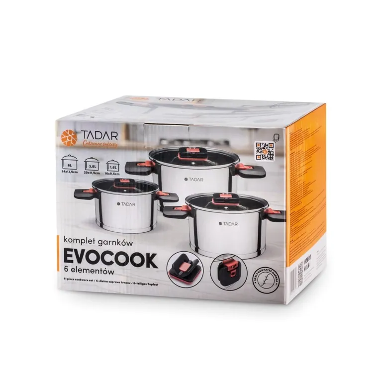 Tadar, komplet garnków evocook, składane uchwyty, 6 elementów