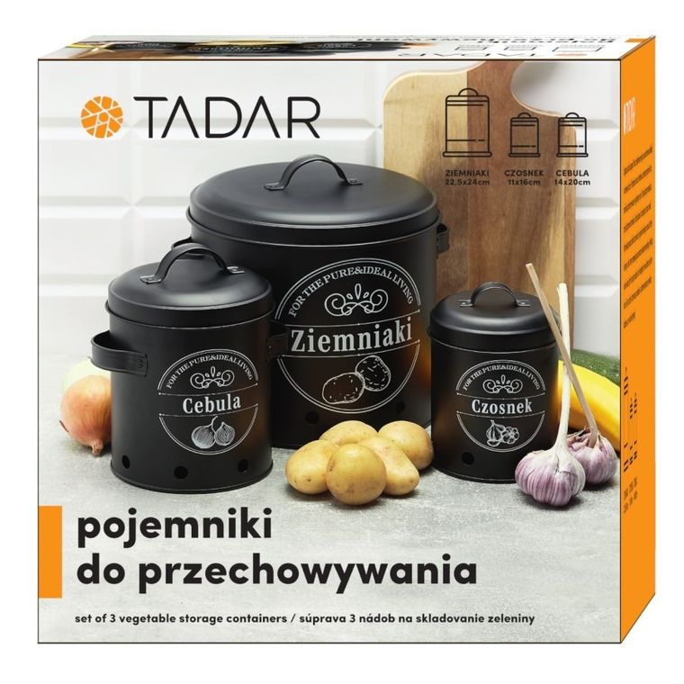Tadar, komplet pojemników na warzywa: ziemniaki, 22,5-24 cm + czosnek, 11-16 cm + cebula, 14-20 cm