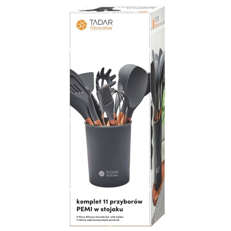 Tadar, Silico, Pemi, 11 przyborów kuchennych w stojaku, zestaw, ciemnoszary