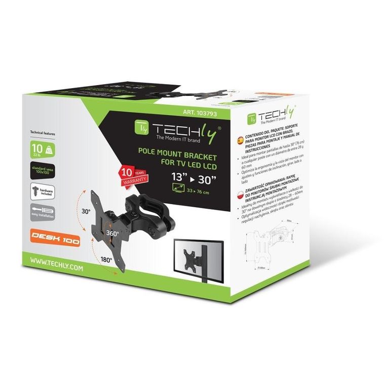 Techly, uchwyt na słup do monitora, LED/LCD 13-30, 10 kg, VESA regulowany, czarny