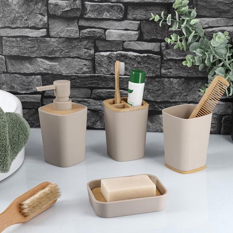 Tendance, beżowy dozownik do mydła z bambusowymi elemetami, Calma, 380 ml