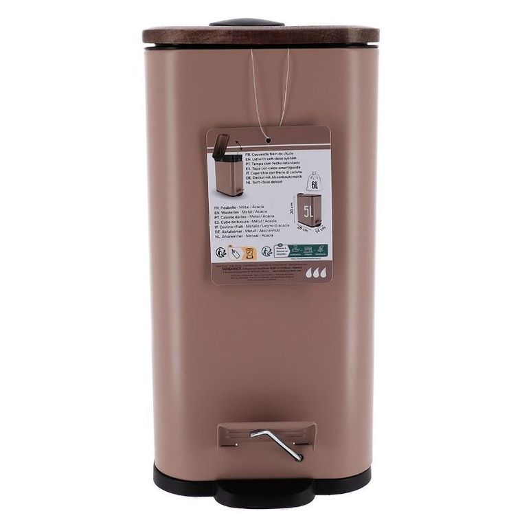 Tendance, wąski kosz do śmieci do łazienki, Mono, z drewnianą pokrywą, 5 l