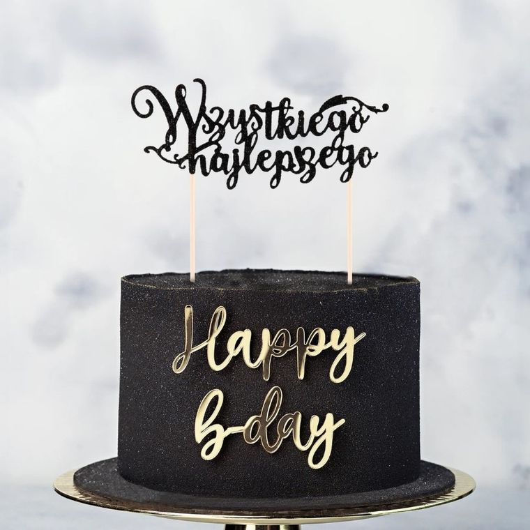 Topper, dekoracja na tort, Wszystkiego Najlepszego, brokatowy czarny