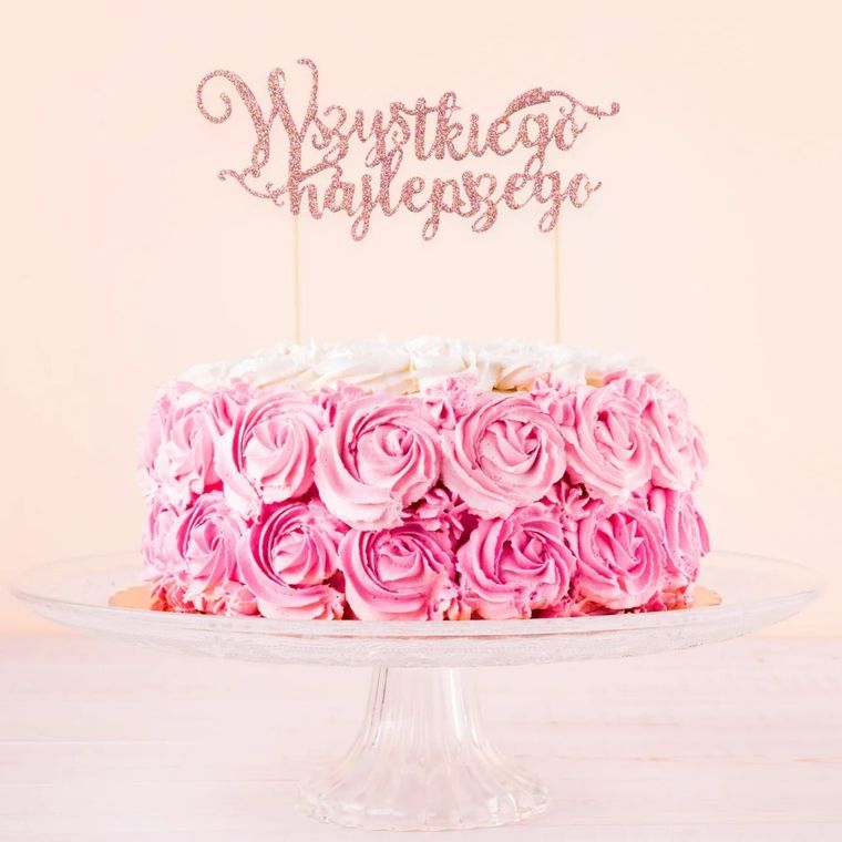 Topper, dekoracja na tort, Wszystkiego Najlepszego, brokatowy różowy