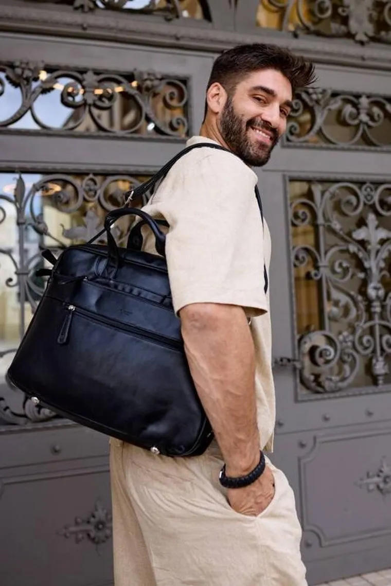 Torba na laptopa, czarna, skóra ekologiczna, 14", Peterson