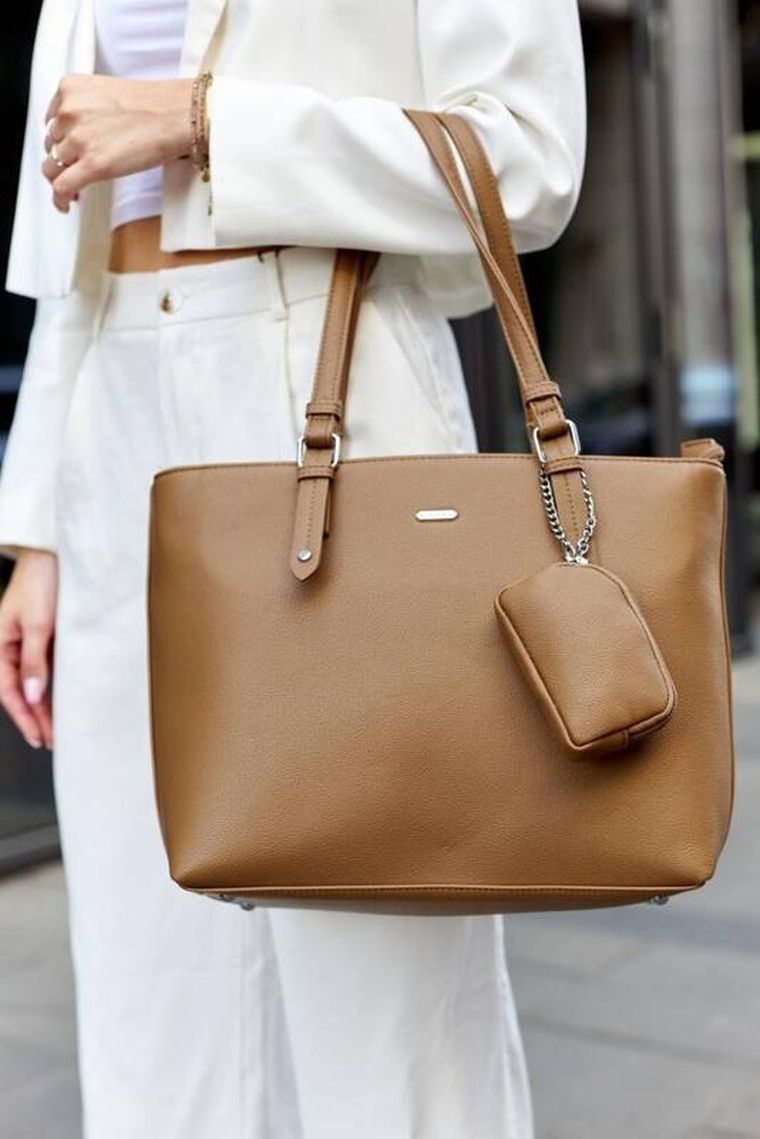 Torebka shopper, jasnobrązowa, skóra ekologiczna, Rovicky