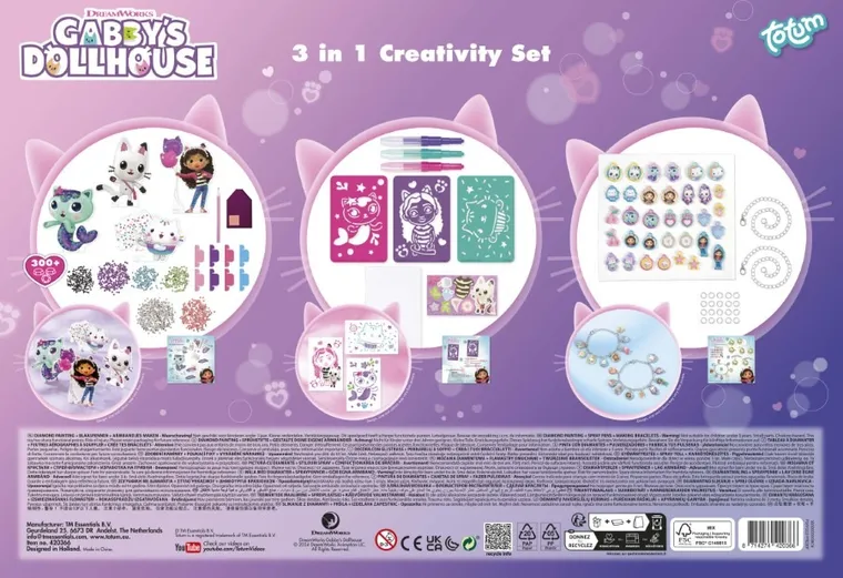 Totum, Koci Domek Gabi, zestaw artystyczny 2w1, brokatowe bransoletki, szablony z pisakami i diamentowa mozaika