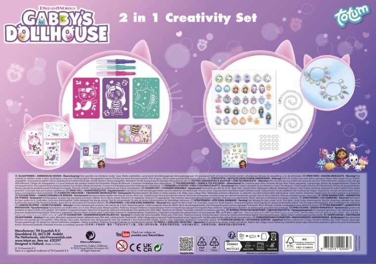 Totum, Koci Domek Gabi, zestaw artystyczny 2w1, brokatowe bransoletki z szablonami i pisakami