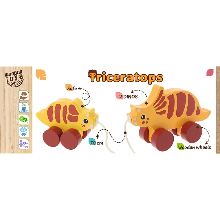 Trefl, Bobaski i Miś, Dinos, Triceratops, drewniana zabawka do ciągnięcia