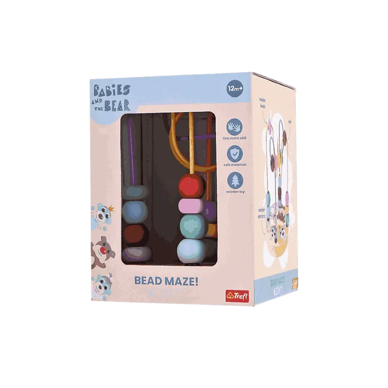 Trefl, Bobaski i Miś, labirynt z koralików, przyjaciele, zabawka drewniana