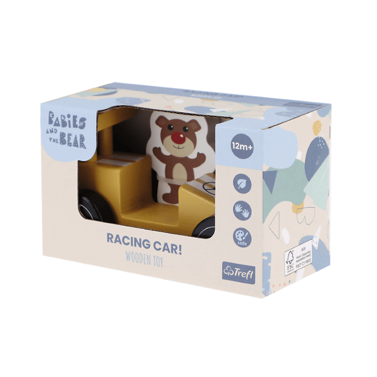 Trefl, Bobaski i Miś, Racing car, drewniany pojazd wyścigowy, Yellow