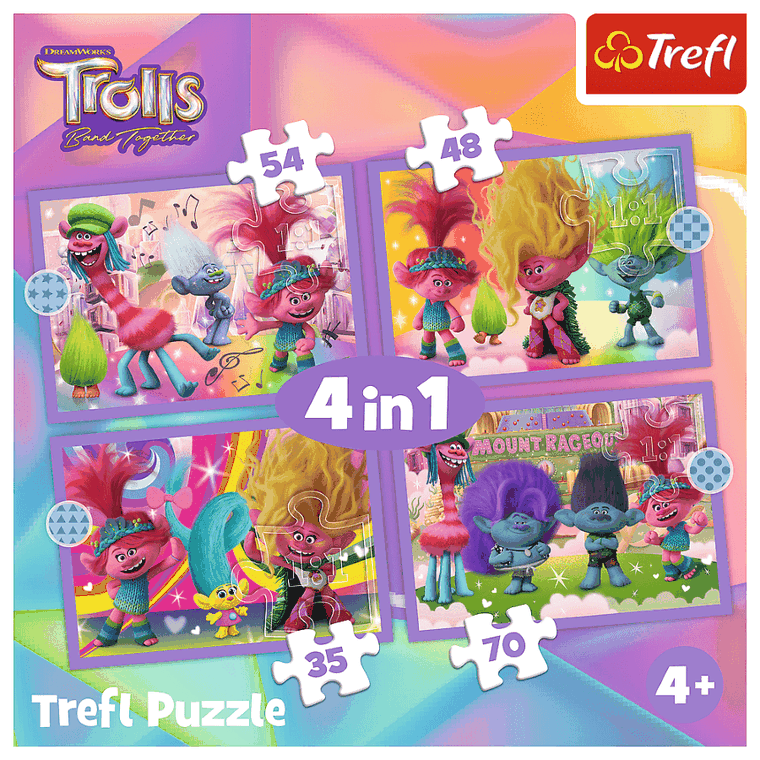 Trefl, Przygody kolorowych Trolli, puzzle 4w1