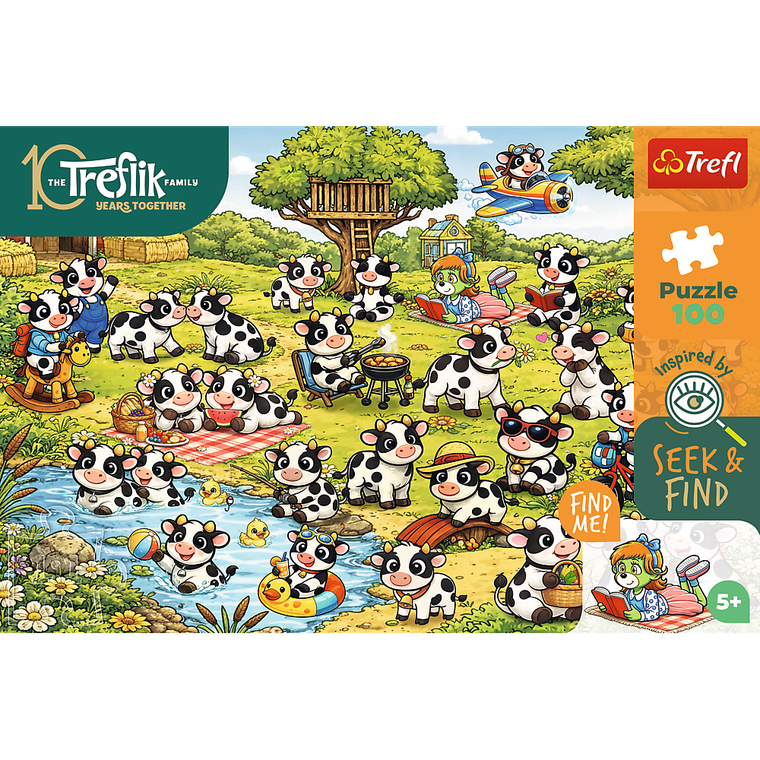 Trefl, Seek & Find, Rodzina Treflików, Świat krówek, puzzle, 100 elementów