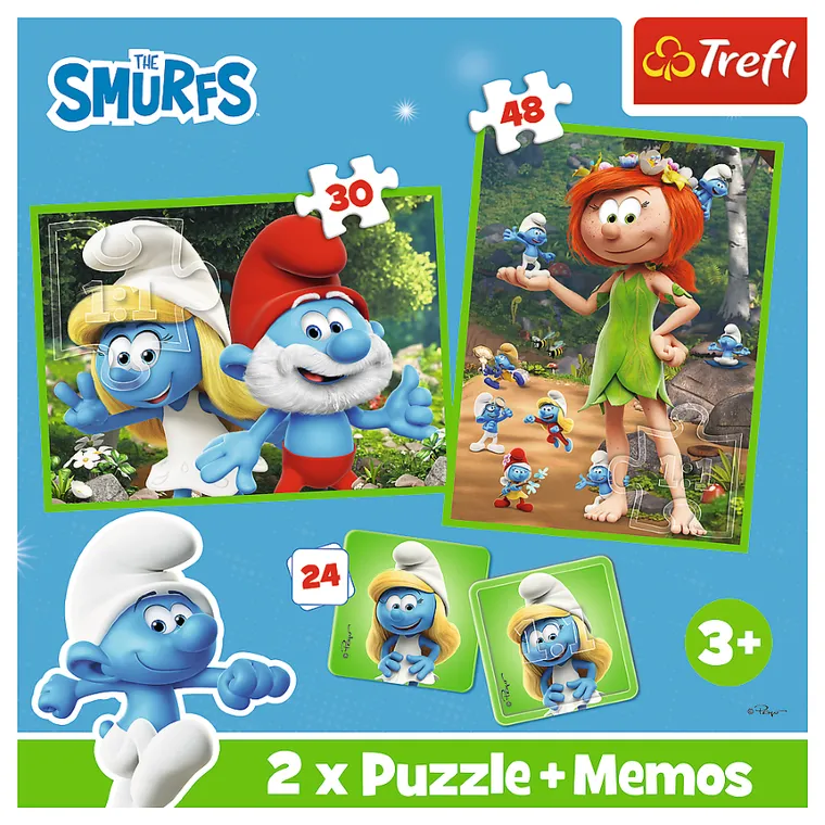 Trefl, Smerfy, Wesołe zabawy Smerfów, puzzle 2w1 + memos