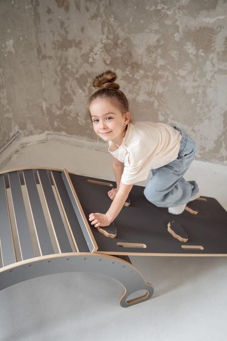 tupti.wood, 2w1: duży bujak montessori + duża zjeżdżalnia, chmurki, szara