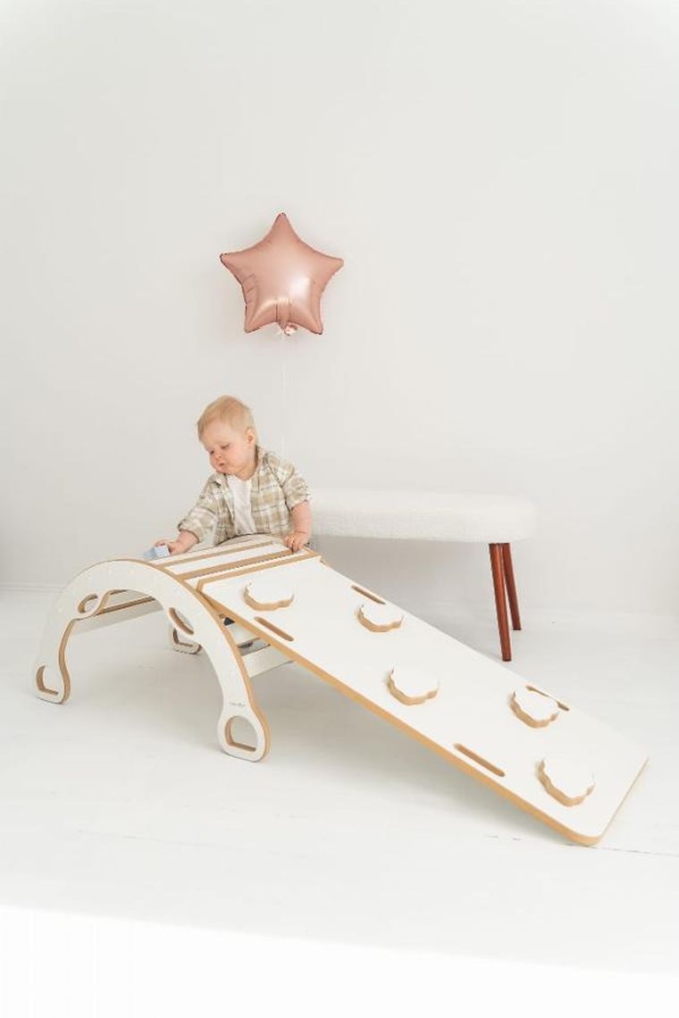 tupti.wood, 3w1: mały bujak montessori + mała zjeżdżalnia, chmurki + blat
