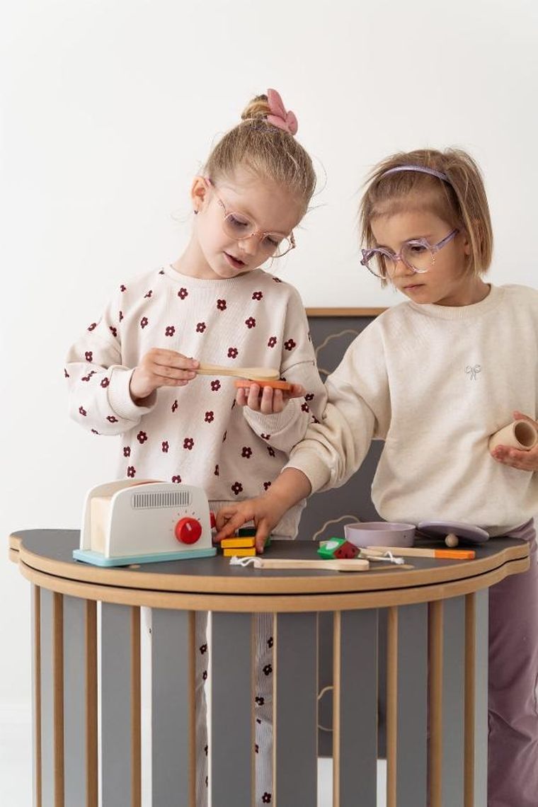 tupti.wood, 3w1: mały bujak montessori z uchwytami + mała zjeżdżalnia, chmurki + blat - szary