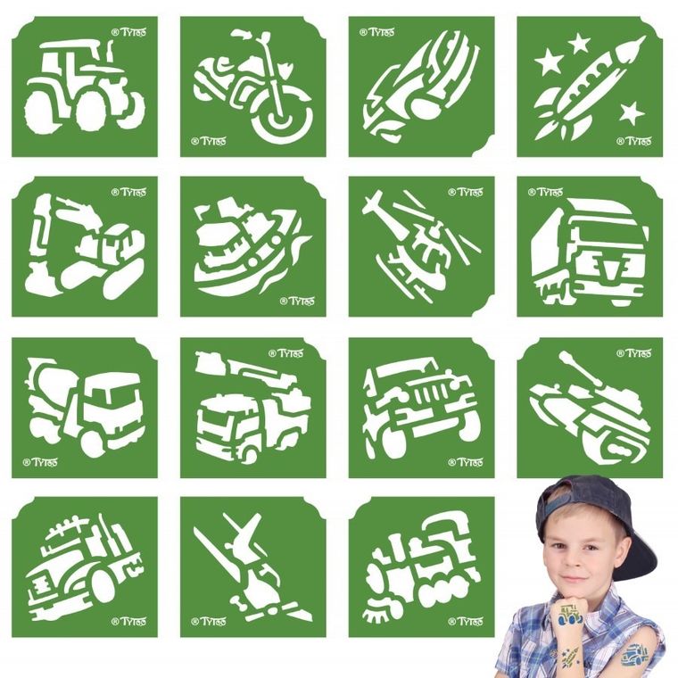 TyToo, zestaw szablonów do tatuaży, pojazdy, 15 elementów