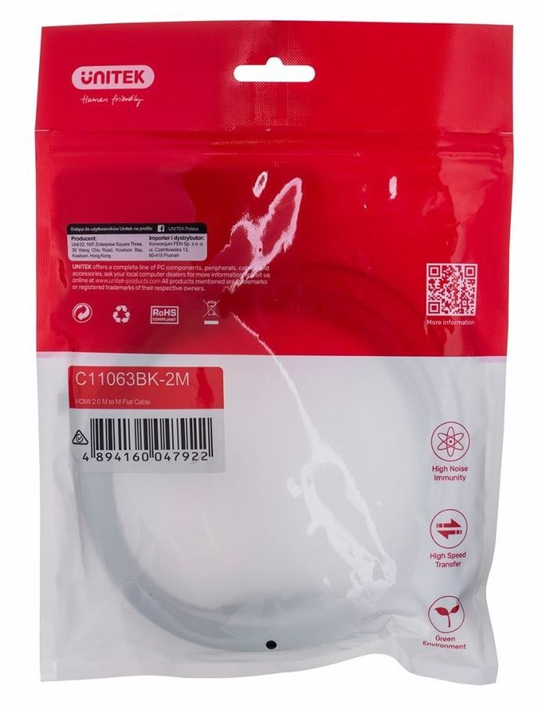 Unitek, kabel HDMI 2.0 4k60hz, płaski, 2m, C11063bk-2m