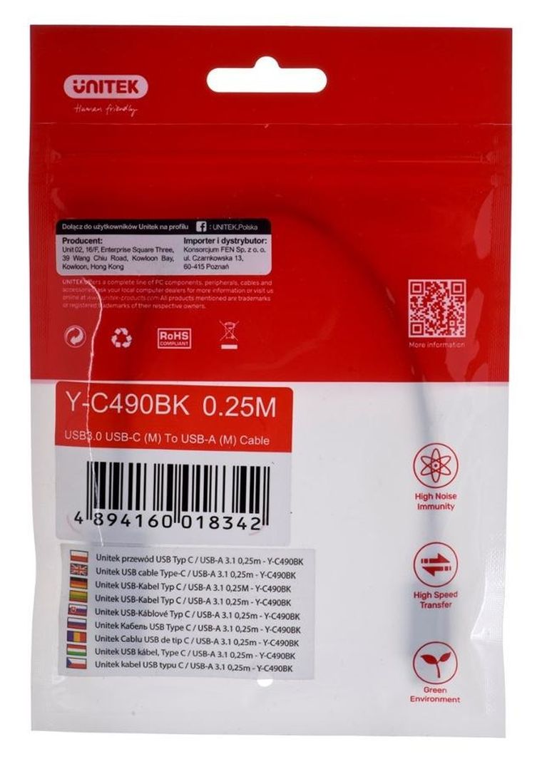 Unitek, kabel USB-C, USB-a 3.1, 0,25m