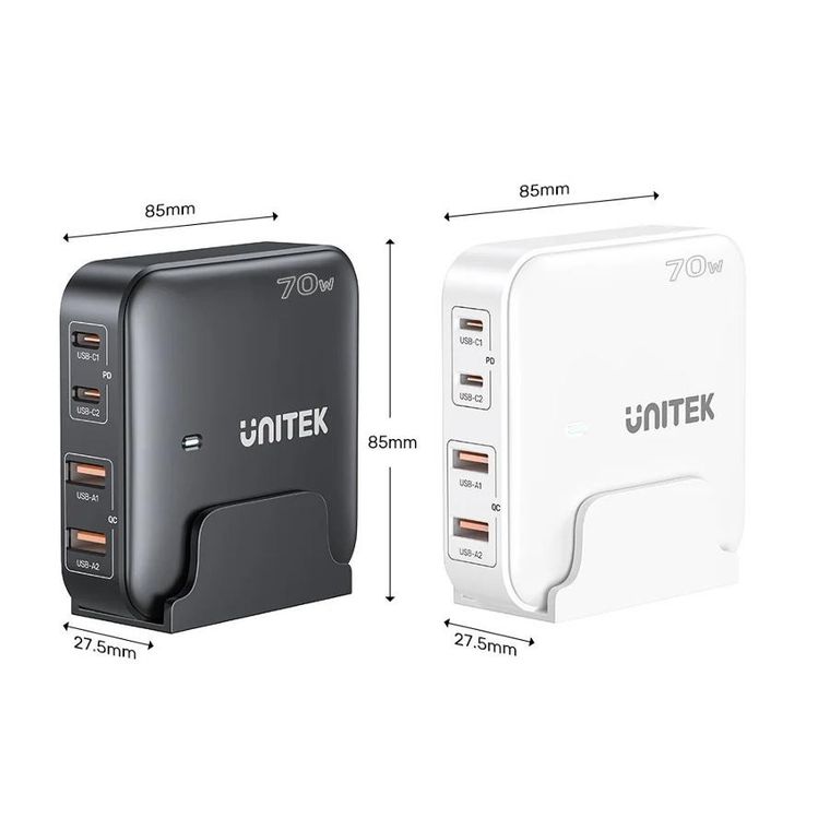 Unitek, ładowarka biurkowa, GAN 70W, 2XUSB-A 2XUSB-C, biała