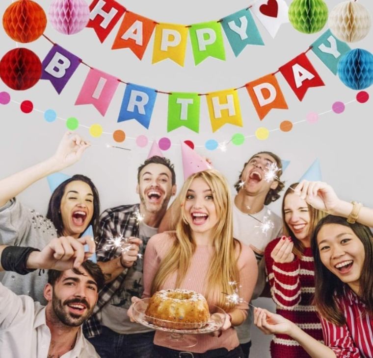 Urodzinowa girlanda, zestaw, girlanda happy birthday, pompony